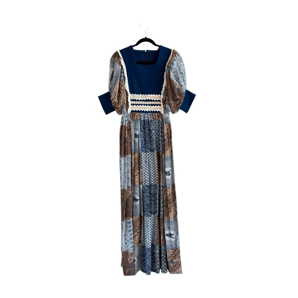 VINTAGE 1970s Pinafore Style Puff Sleeve Patchwork Maxi Dress